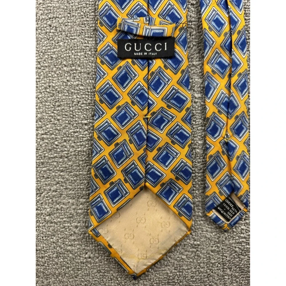 Vintage Gucci Tie Men Yellow Blue Geometric Diamond 100% Silk Italy Made Preppy‎